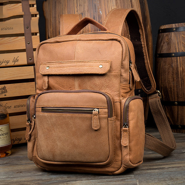 Casual Khaki Leather Mens 13 inches School Backpacks Tan Computer Backpack for Men - iwalletsmen