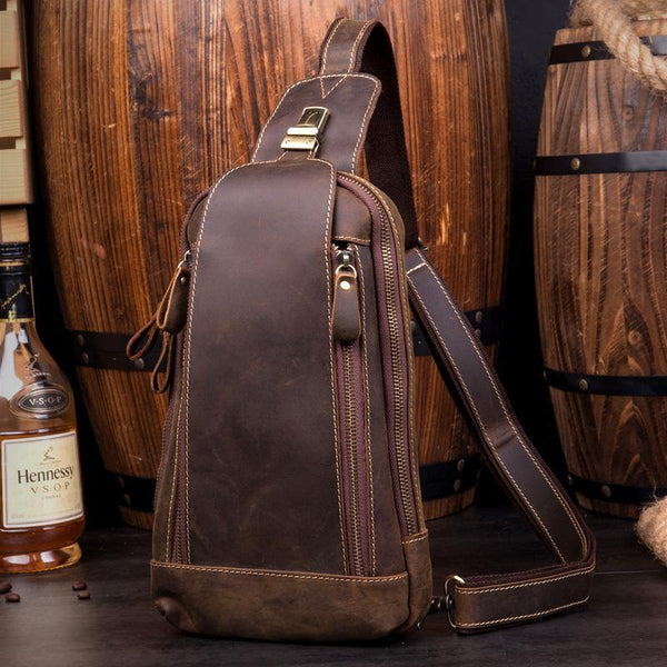Cool Brown Leather Mens Sling Bag Sling Pack Crossbody Backpack Chest Bag for men - iwalletsmen