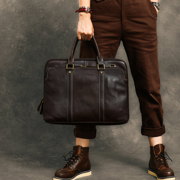Coffee Leather Mens 15" Black Laptop Briefcase Business Brown Large Handbag For Men - iwalletsmen