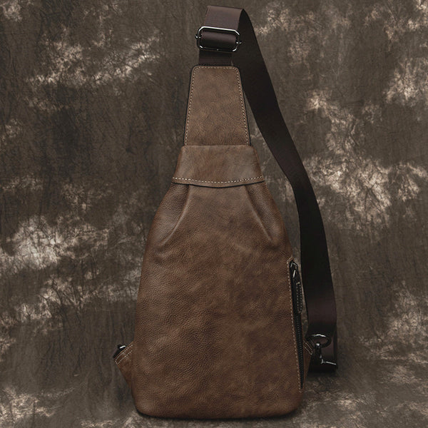 Brown Cool LEATHER MENS Sling Bag One Shoulder Backpack Chest Bag For Men - iwalletsmen
