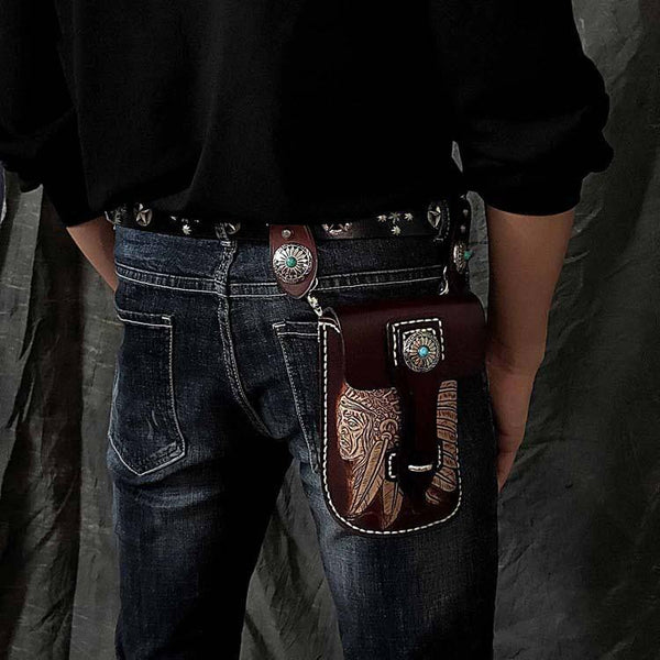 Black Badass Mens Indian Tooled Leather Waist Bag Side Bag Coffee Belt Pouch Belt Bag for Men - iwalletsmen