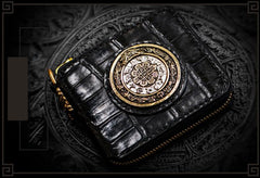 Handmade Leather Crocodile Skin Tooled Mens billfold Wallet Cool Chain Wallet Biker Wallet for Men