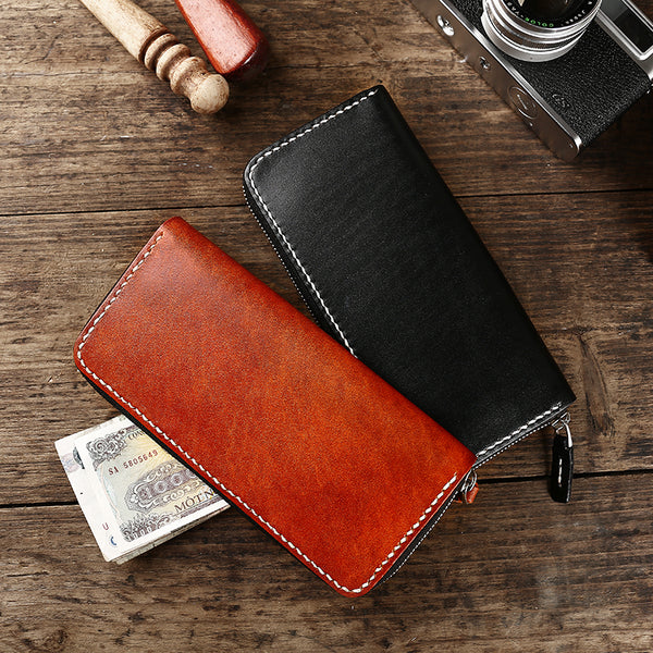 Cool Leather Mens Black Long Wallet Brown Handmade Zipper Wallet Long Wallet For Men - iwalletsmen