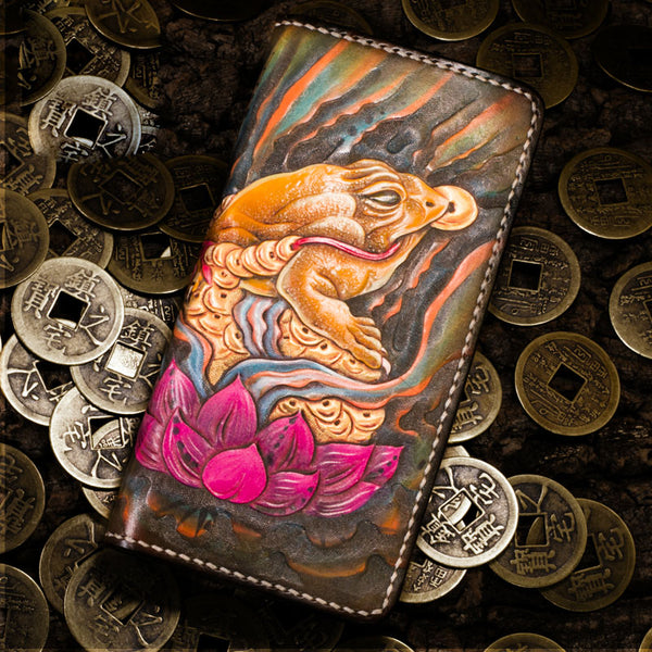 Handmade Leather Tooled Golden Toad Mens Chain Biker Wallet Cool Leather Wallet Long Phone Wallets for Men