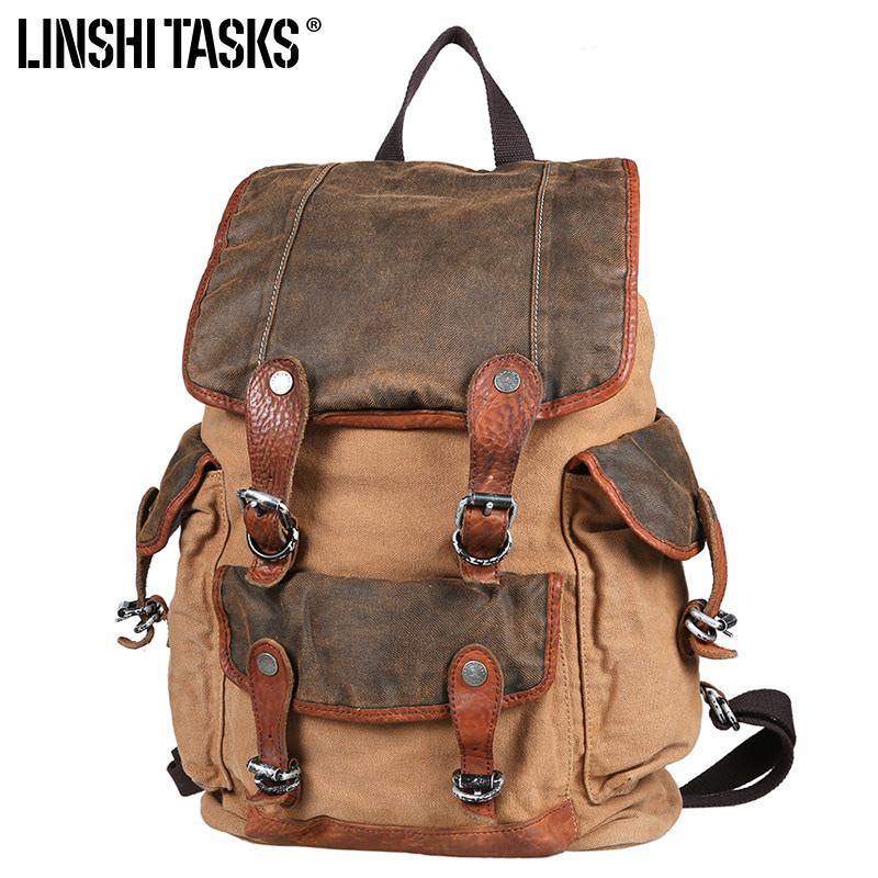 Khaki Canvas Leather Mens Large Backpack School Backpack Canvas Travel Backpack For Men - iwalletsmen