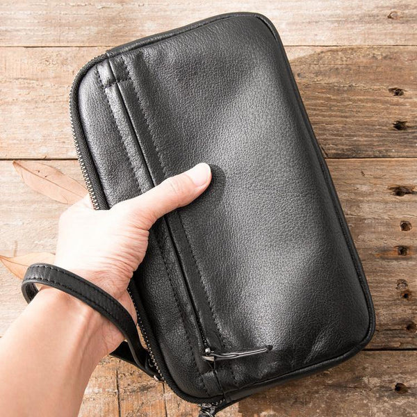Black Leather Mens Long Zipper Clutch Wallet Wristlet Bag Long Wallet Phone Clutch Wallet for Men - iwalletsmen