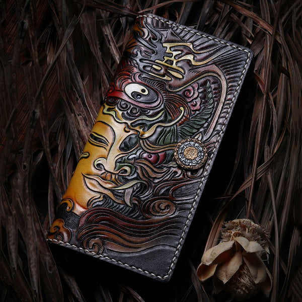 Handmade Leather Buddha&Demon Mens Chain Biker Wallet Cool Leather Wallet With Chain Wallets for Men