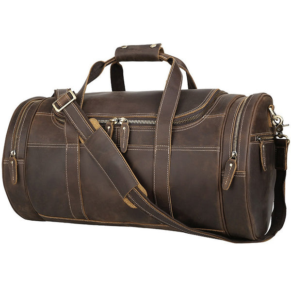 Casual Brown Leather Round Men's Large Overnight Bag Travel Bag Luggage Weekender Bag For Men - iwalletsmen