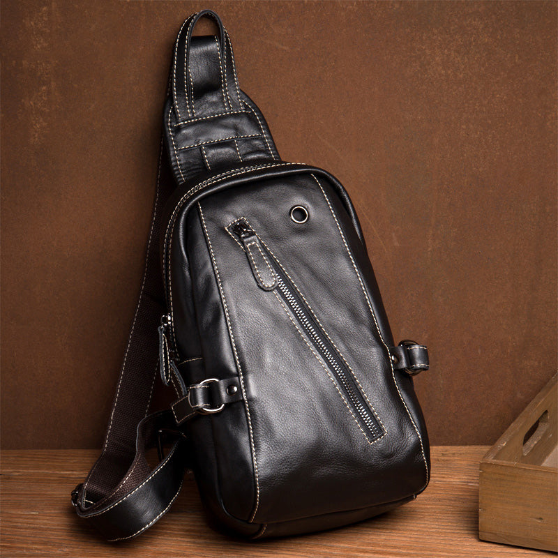Black Leather Mens Cool Sling Bags Crossbody Pack Black Sling Pack Chest Bags for men - iwalletsmen