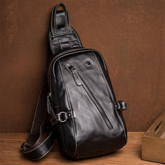 Black Leather Mens Cool Sling Bags Crossbody Pack Black Sling Pack Chest Bags for men - iwalletsmen