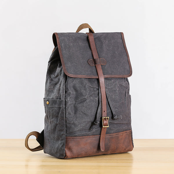 Gray Waxed Canvas Mens Large 15'' Laptop Backpack College Backpack Hiking Backpack for Men - iwalletsmen