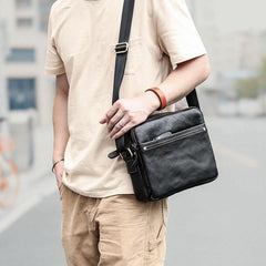 Black Leather Mens 10 inches Courier Bag Messenger Bag Black Small Postman Bag For Men - iwalletsmen