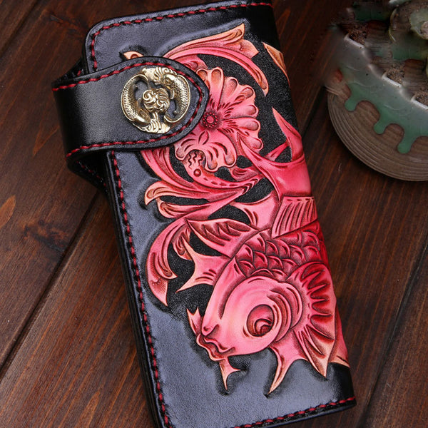 Handmade Mens Cool Tooled Carp Leather Chain Wallet Biker Trucker Wallet with Chain
