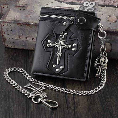Punk Black Leather Men's Small Biker Wallet Chain Wallet Skull Cross billfold Wallet with Chain For Men - iwalletsmen