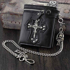 Punk Black Leather Men's Small Biker Wallet Chain Wallet Skull Cross billfold Wallet with Chain For Men - iwalletsmen