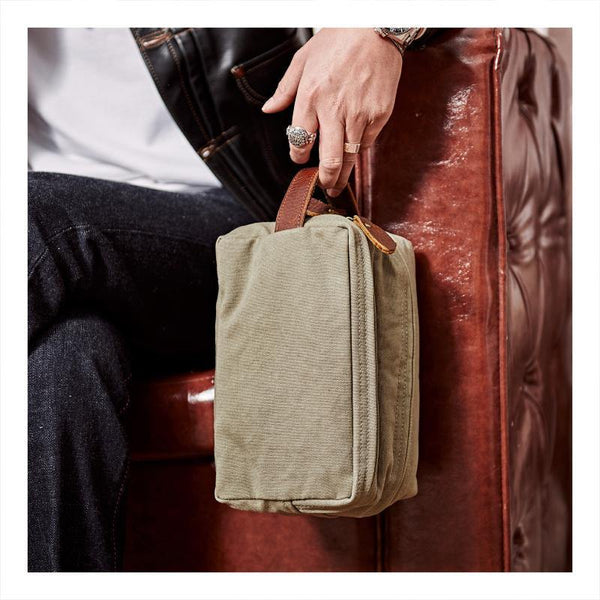 Large Canvas Leather Mens Clutch Bags Zipper Green Wristlet Bag Canvas Purse for Men - iwalletsmen