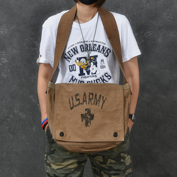 Washed Canvas Mens Large Brown Side Bag 14‘’ Army Green Messenger Bag Shoulder Bag For Men - iwalletsmen