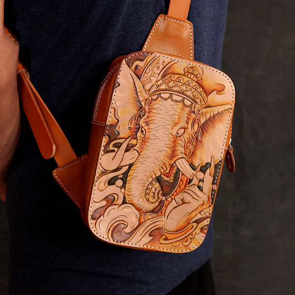 Handmade Beige Ganesha Tooled Leather Sling Bag Chest Bag One Shoulder Backpack For Men - iwalletsmen
