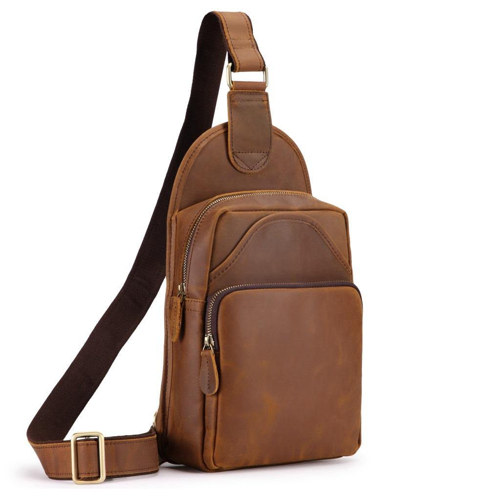 Vintage Brown Leather Men's Sling Bag Chest Bag 8-inches One shoulder Backpack For Men - iwalletsmen