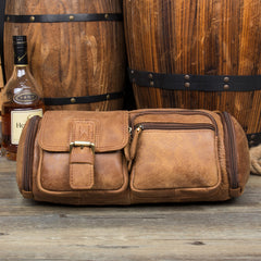Brown Leather Barrel Fanny Pack Mens 8 inches Waist Bag Hip Pack Belt Bags Bumbags for Men - iwalletsmen