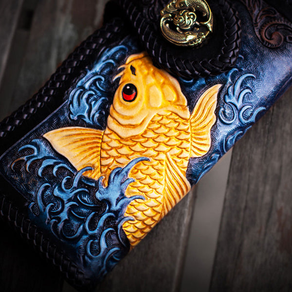 Handmade Leather Carp Mens Chain Biker Wallet Cool Leather Wallet With Chain Wallets for Men