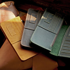 Black Handmade Tan Leather Mens Long Wallet Bifold Green Long Wallet For Men - iwalletsmen