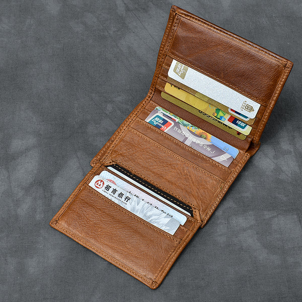 Brown Waxed Leather Mens Small Wallet billfold Trifold Card Wallet For Men - iwalletsmen