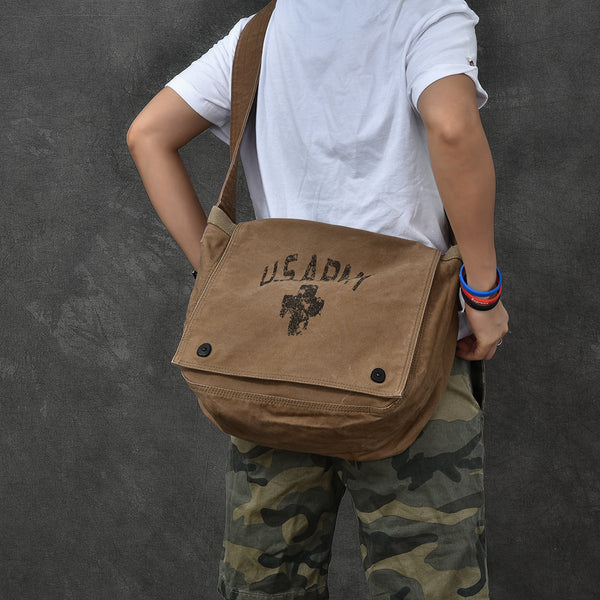 Canvas Leather Mens Large Brown Side Bag 14'' Army Green Messenger Bag Postman Bag For Men - iwalletsmen