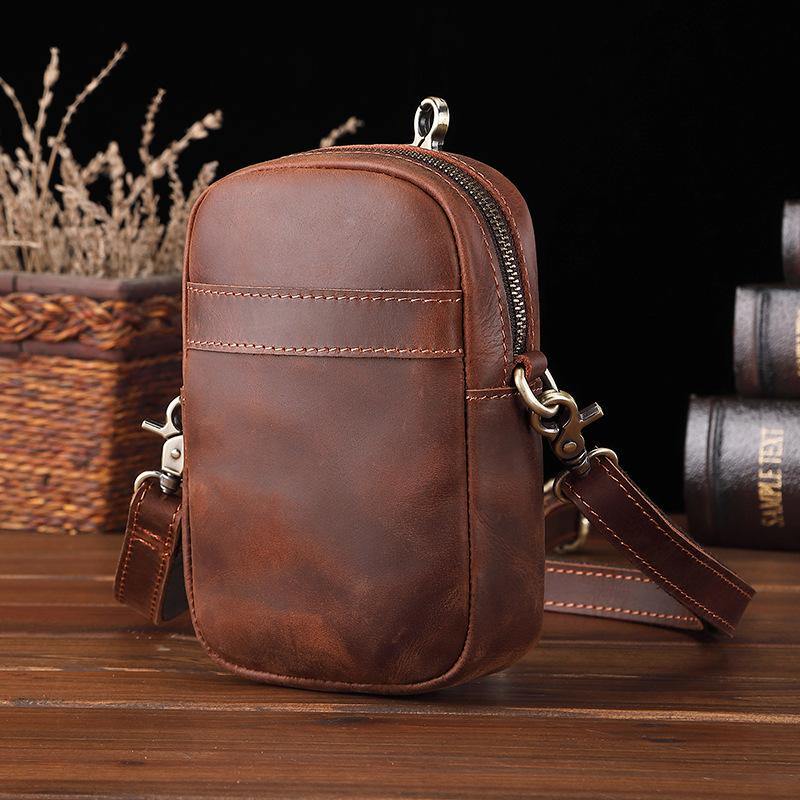 Casual Brown Leather Belt Pouch Mini Messenger Bag Men's Small Side Bag Phone Holster For Men - iwalletsmen