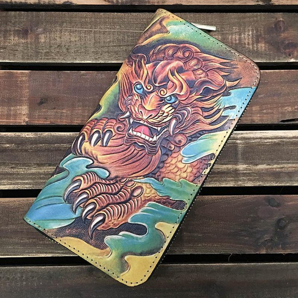 Black Handmade Tooled Tang Lion Leather Long Wallet Zipper Wallet Clutch Wallet For Men - iwalletsmen