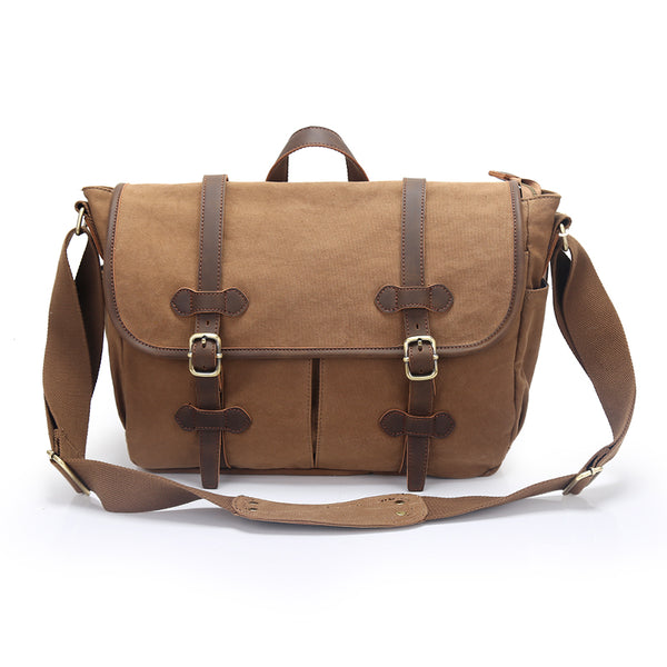 Canvas Leather Mens Womens 14" Side Bag Khaki Messenger Bag Shoulder Bag Handbag for Men - iwalletsmen