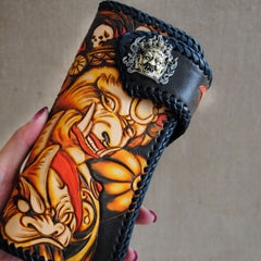 Handmade Mens Tooled God Mahakala Leather Chain Wallet Biker Trucker Wallet with Chain