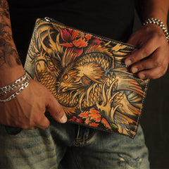 Cool Handmade Tooled Leather Tan Floral Skull Clutch Wallet Wristlet Bag Clutch Purse For Men - iwalletsmen