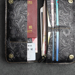 Handmade Leather Floral Mens Cool Travel Long Wallet Card Holder Card Slim Clutch Wallets for Men
