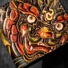 Handmade Leather Chinese Lion Tooled Mens billfold Wallet Cool Leather Wallet Slim Wallet for Men