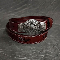 Fashion Red Brown Leather Metal Belt Motorcycle Belt Leather Biker Round Belt For Men - iwalletsmen