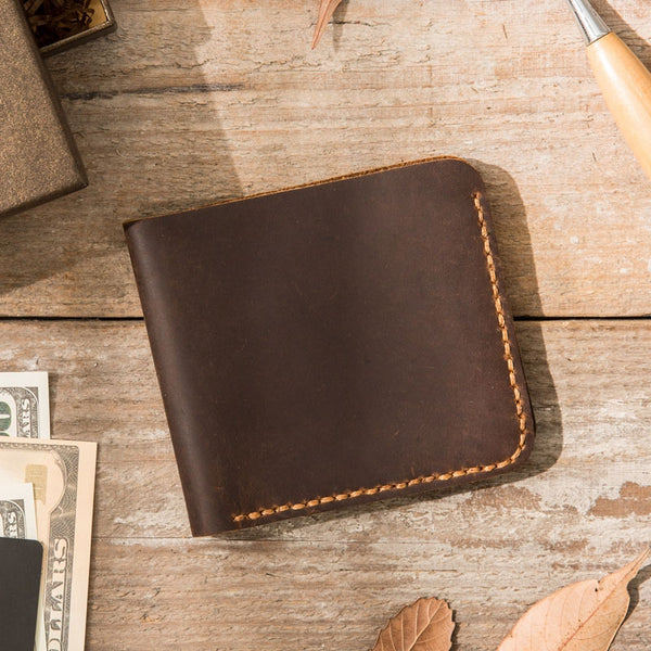 Cool Leather Mens Coffee Slim Small Wallet Bifold Vintage billfold Wallet for Men - iwalletsmen