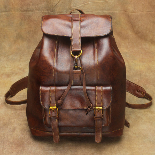 Vintage Lambskin Brown Leather Men's 14'' Laptop Backpack Black Satchel Backpack For Men - iwalletsmen