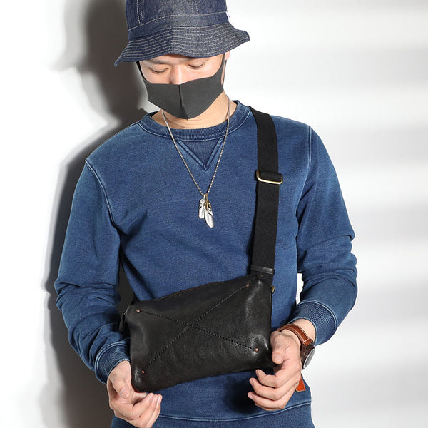Cool Black LEATHER MEN'S 8 INCHES Small Side BAGs Sling MESSENGER BAG Chest BAG FOR MEN - iwalletsmen