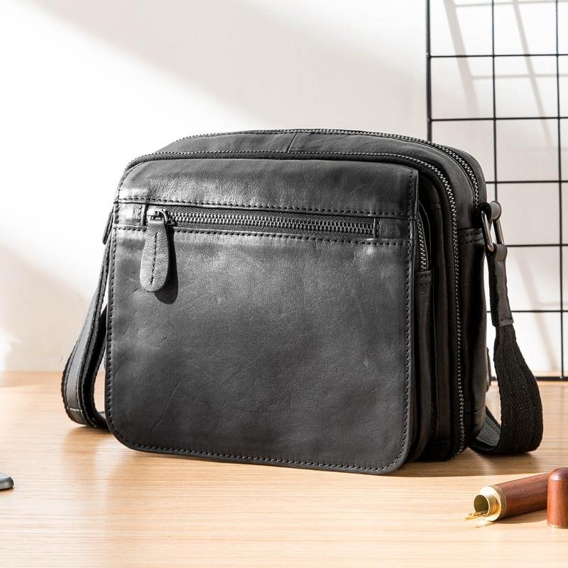 Black Cool Leather Mens Side Bag Postman Bag Small Black Messenger Bags Courier Bag for Men - iwalletsmen