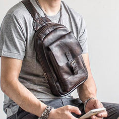 Genuine Leather Mens Cool Chest Bag Sling Bag Crossbody Bag Travel Bag Hiking Bag for men