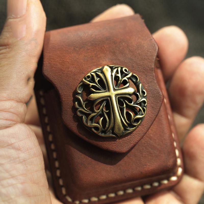 Cool Handmade Brown Leather Mens Zippo Lighter Case Heavy Armor Lighter Holder for Men - iwalletsmen