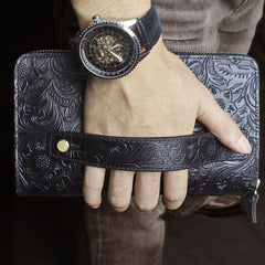 Handmade Leather Floral Tooled Mens Clutch Cool Slim Wallet Zipper Clutch Wristlet Wallet for Men