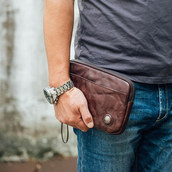 Cool Black Leather Mens Long Wallets Large Zipper Clutch Wallet Coffee Wristlet Clutch Vintage Clutch Purse For Men - iwalletsmen