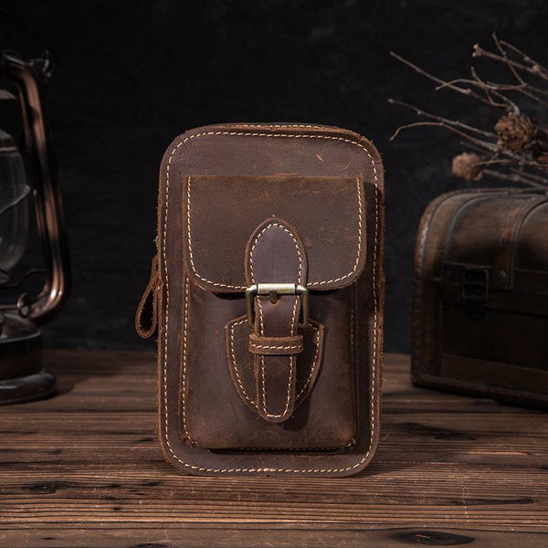 Brown LEATHER MEN'S Phone Holster Small Belt Pouch Mini Waist Bag Vertical Phone Holster FOR MEN - iwalletsmen