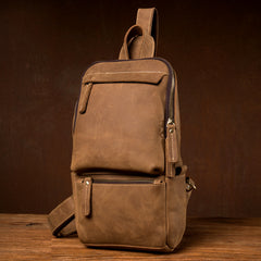 Cool Light Brown Leather Mens 10 inches Sling Bag Crossbody Pack Chest Bag for men - iwalletsmen