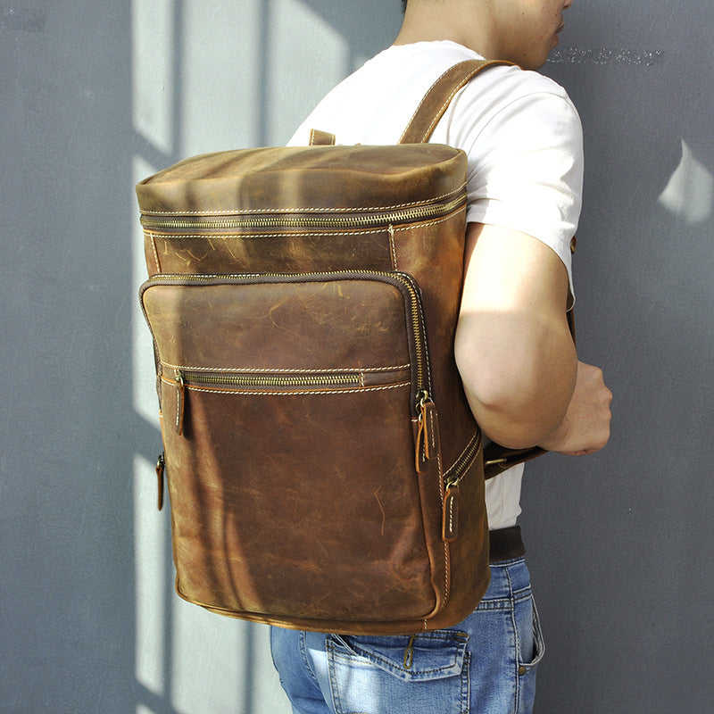 Brown Leather Men's 14 inches Large Barrel Computer Backpack Cylinder Travel Backpack Large College Backpack For Men - iwalletsmen