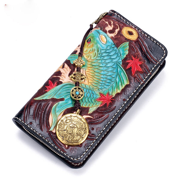 Handmade Leather Carp Mens Chain Biker Wallet Cool Leather Wallet Long Phone Wallets for Men