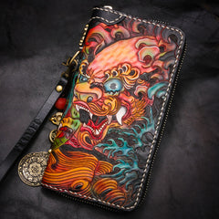 Handmade Leather Tooled Chinese Lion Mens Chain Biker Wallet Cool Leather Wallet Long Phone Wallets for Men