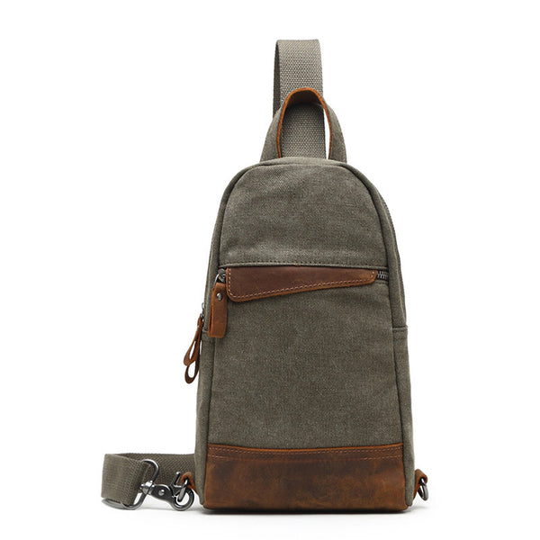 Cool Canvas Leather Mens Sling Bag Chest Bag Gray One Shoulder Backpack for Men - iwalletsmen